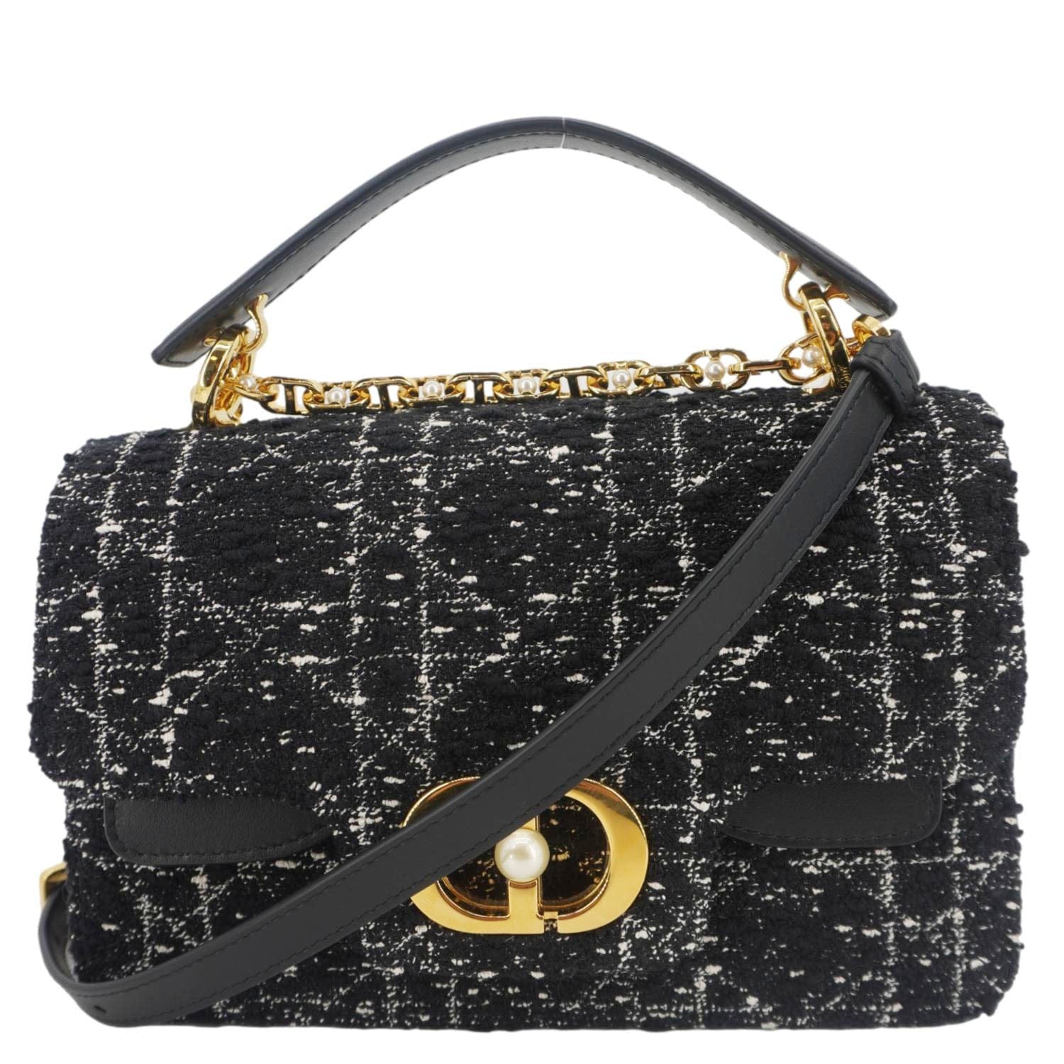 Dior Jolie Cannage Tweed Top Handle Shoulder Bag Black Small