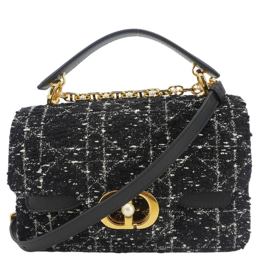 Dior Jolie Cannage Tweed Top Handle Shoulder Bag Black Small