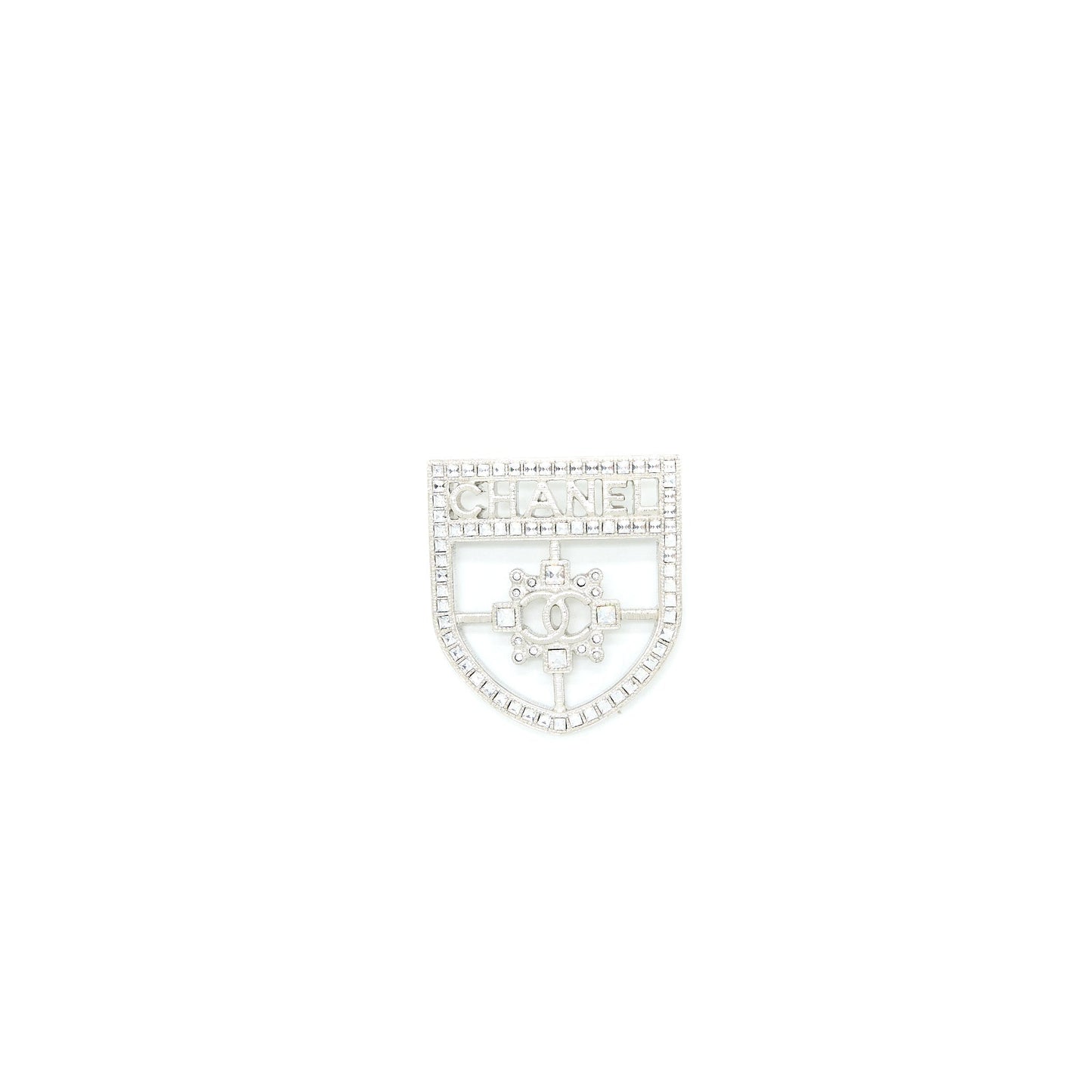 Chanel Shield Brooch Crystal Tone Silver Handbag