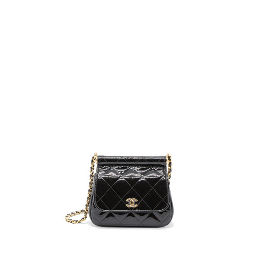 Chanel 22K Patent GHW Microchip Black Clutch Bag