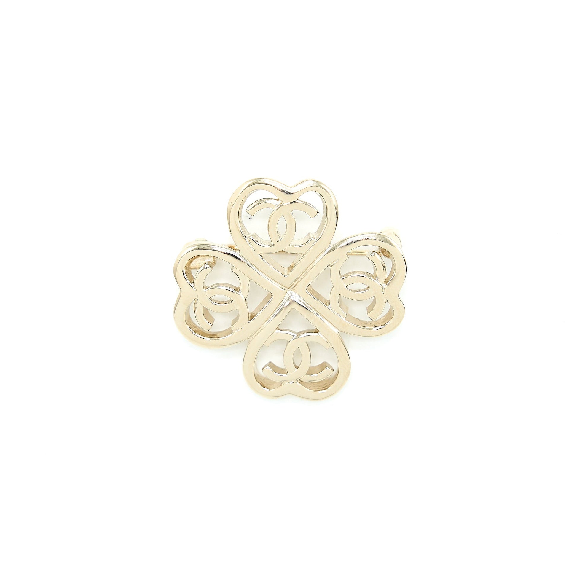 Chanel CC Logo Heart Clover Brooch Light Gold Handbag