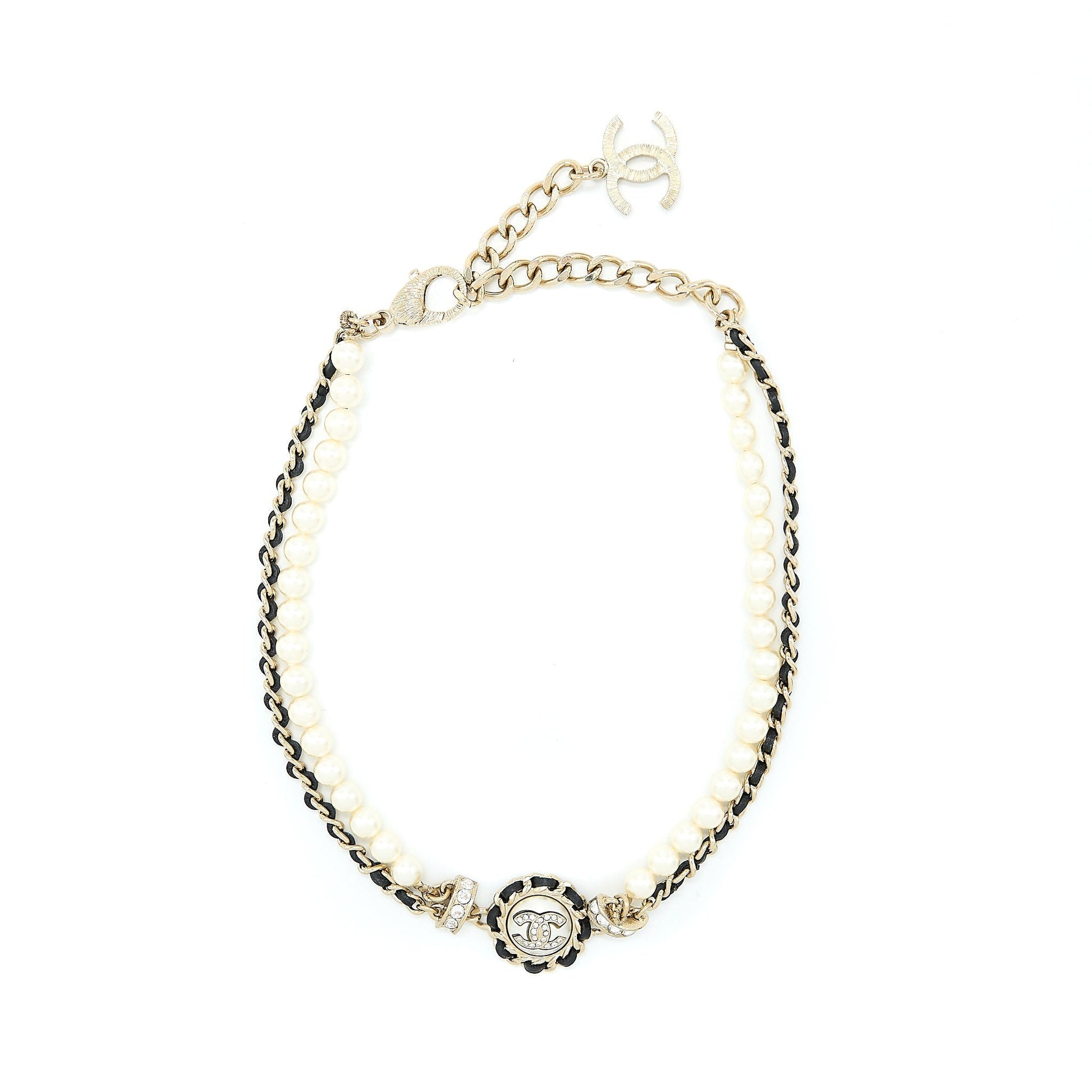 Chanel Crystal CC Logo Pearl Chocker Light Gold Leather Handbag