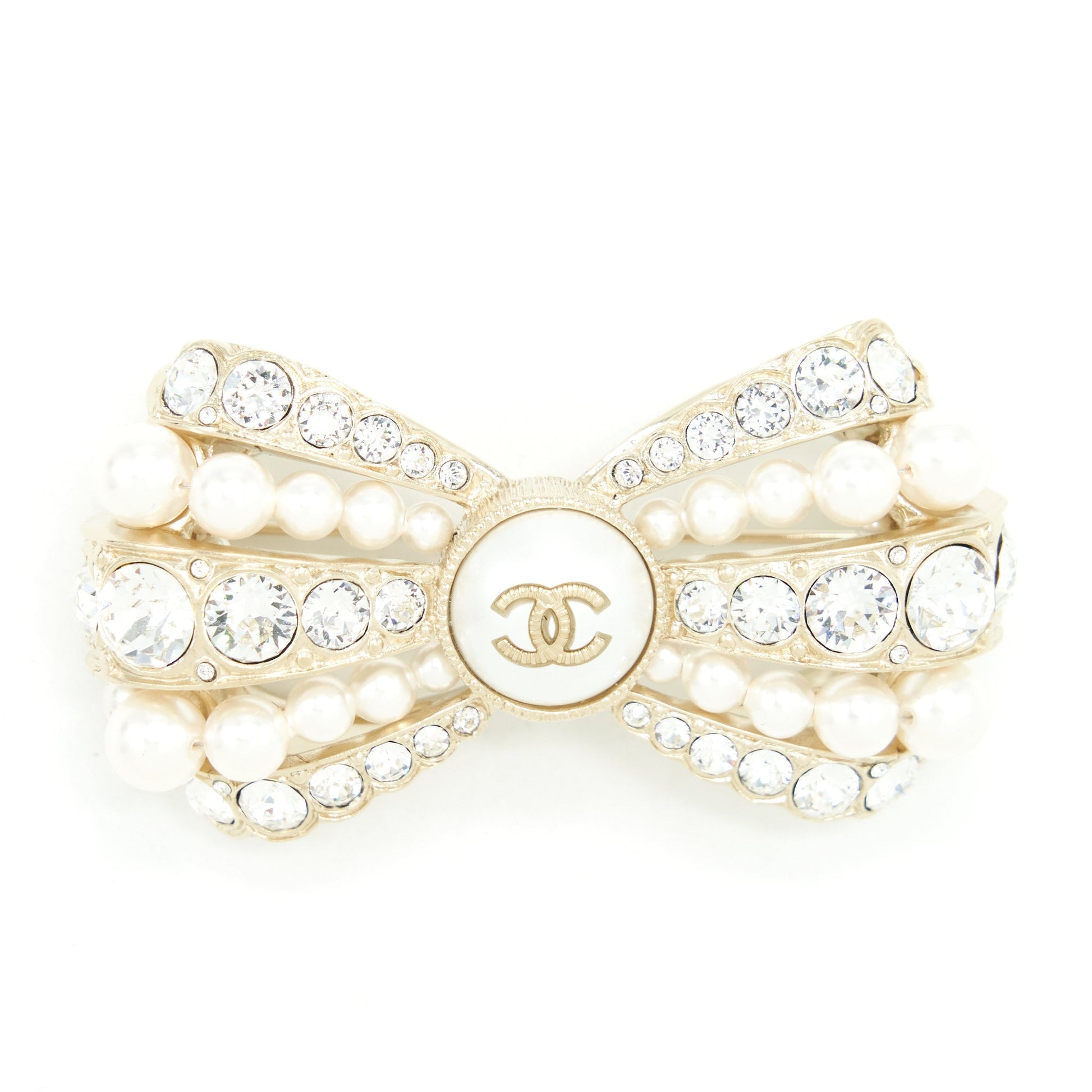 Chanel Bow Brooch Pearls Crystals LGHW Handbag