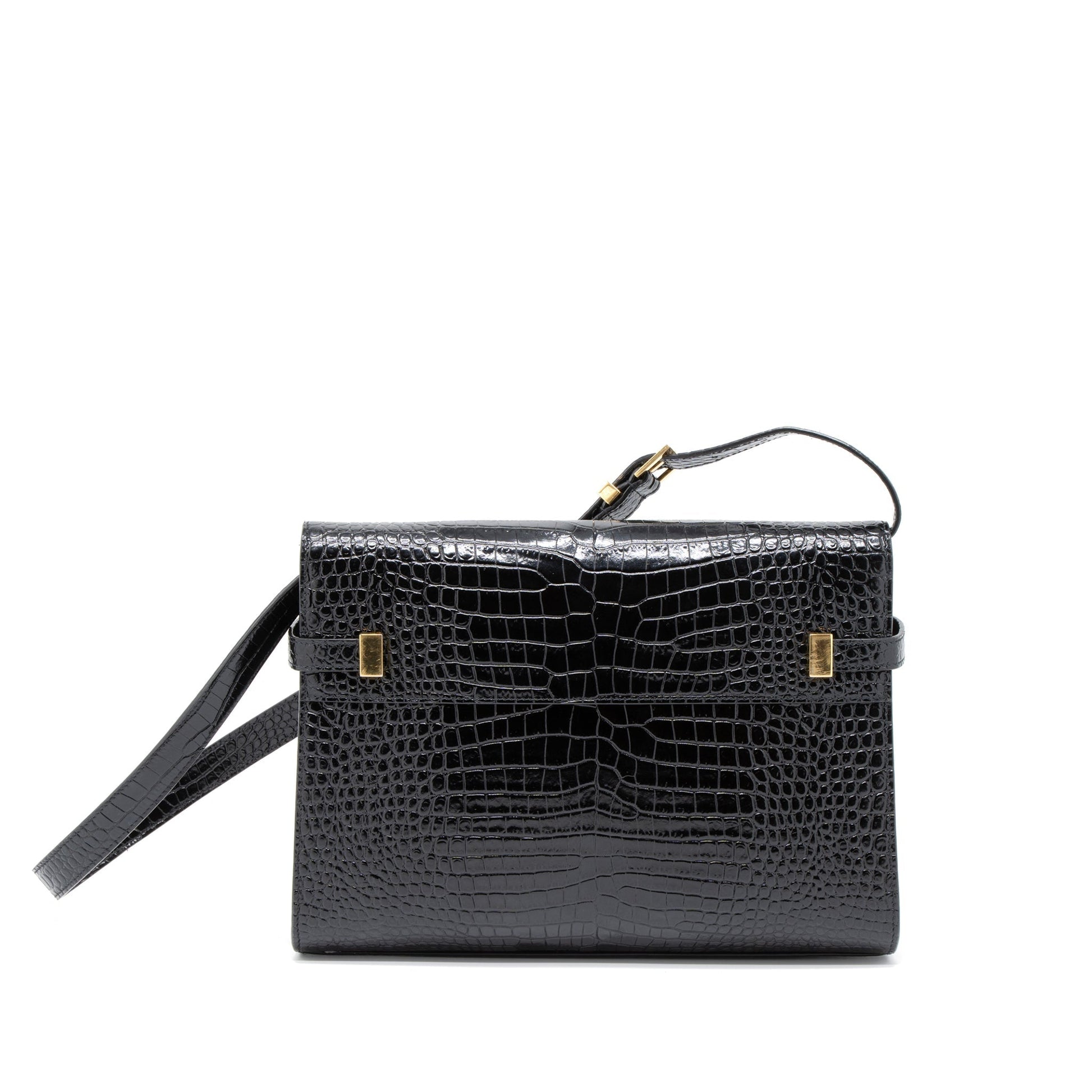 YSL Saint Laurent Manhattan Purse Crocodile Black Mini Embossed Shoulder Bag