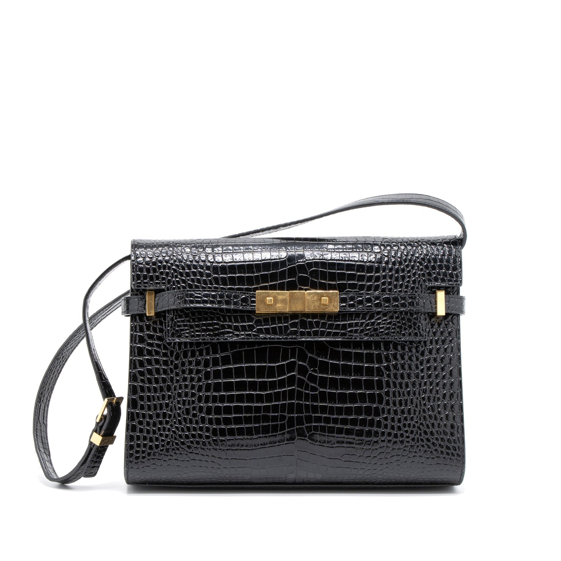 YSL Saint Laurent Manhattan Purse Crocodile Black Mini Embossed Shoulder Bag