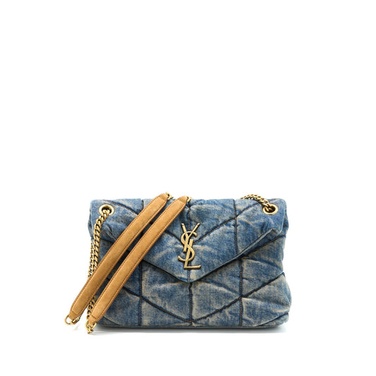 YSL Saint Laurent Saint Laurent Small Puffer Chain Purse Ruthenium Suede Denim Travel Bag