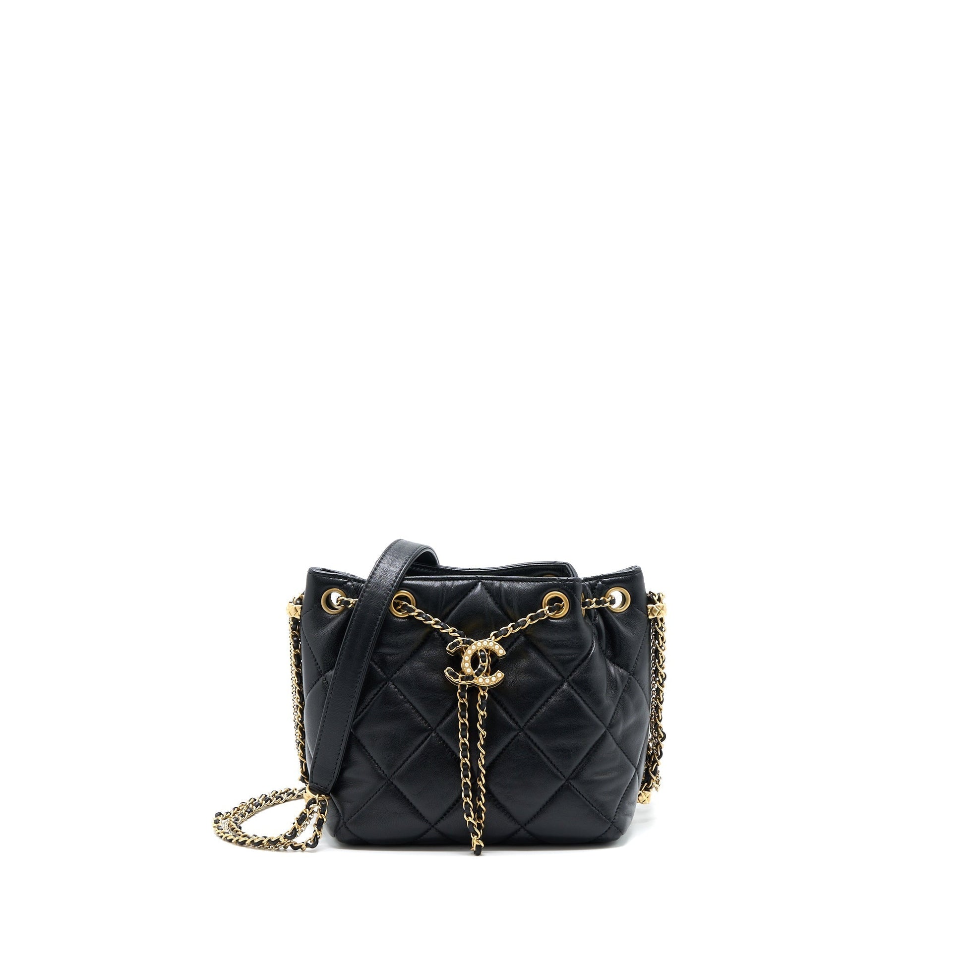 Chanel Drawstring Bucket Lambskin GHW Microchip Black Jewelry