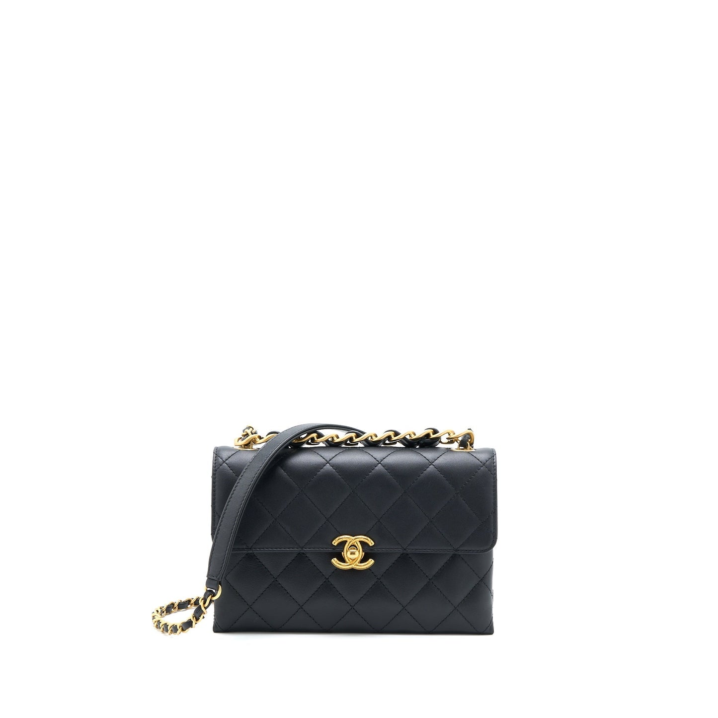Chanel Handle Flap Calfskin Brushed GHW Microchip Black Leather Shoulder Bag