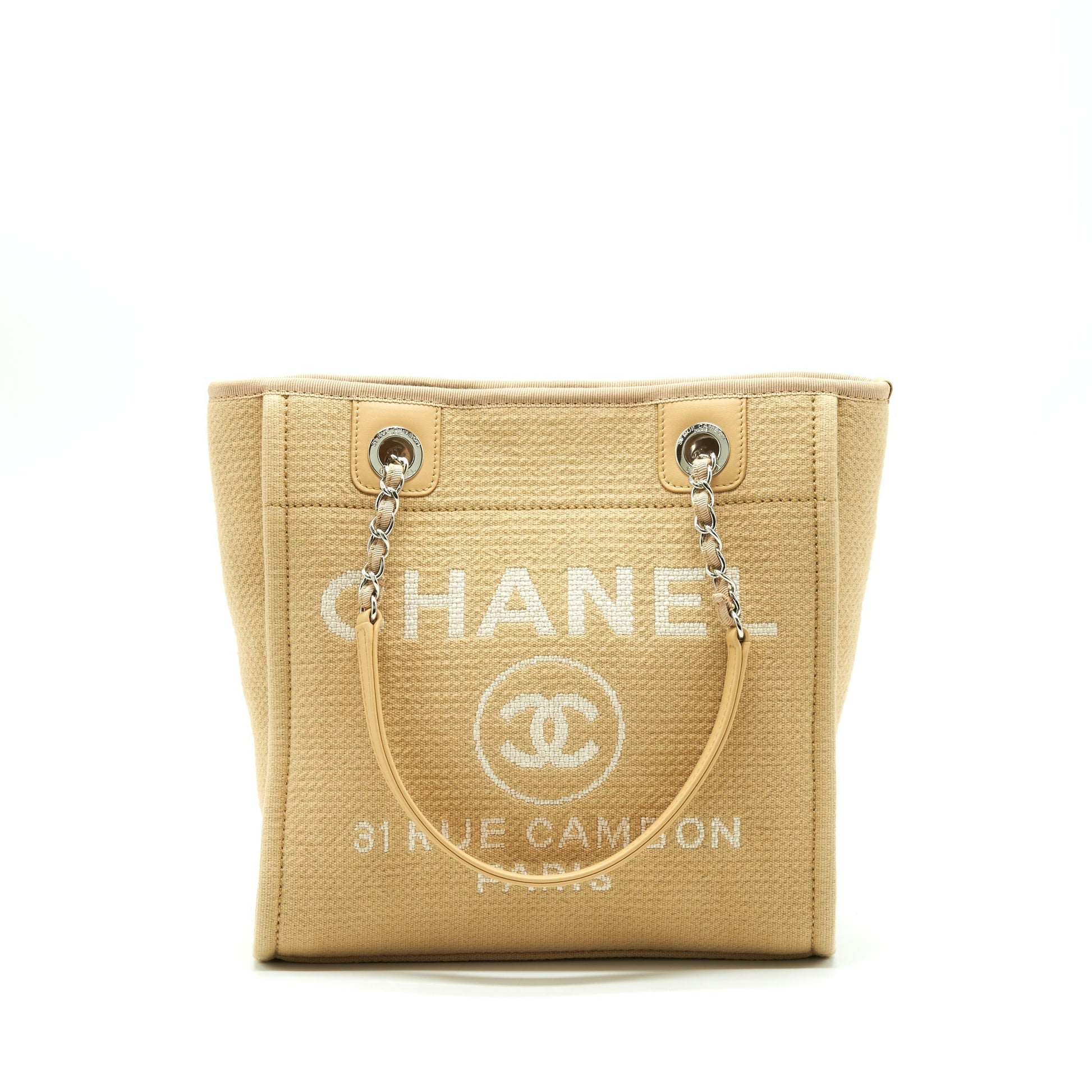 Chanel Deauville Dark SHW Microchip Beige PM Canvas Tote Bag