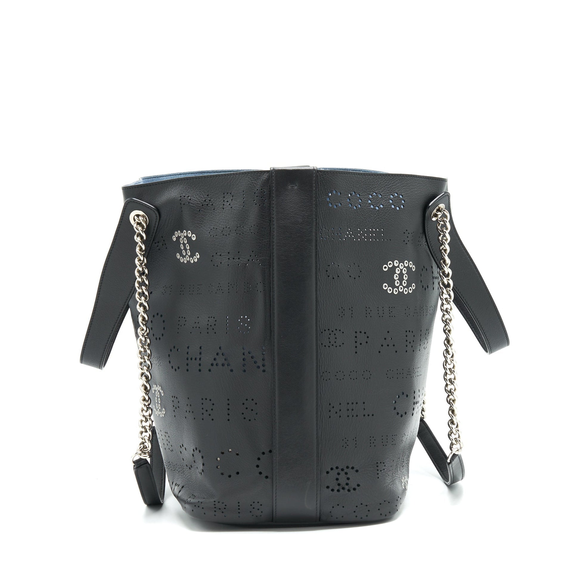 Chanel Eyelet Logo Calfskin SHW Black Blue Tote Bag