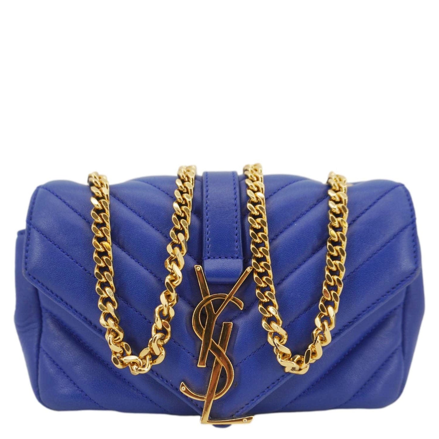 YSL Saint Laurent Yves Classic Chevron Crossbody Bag Leather Monogram Blue