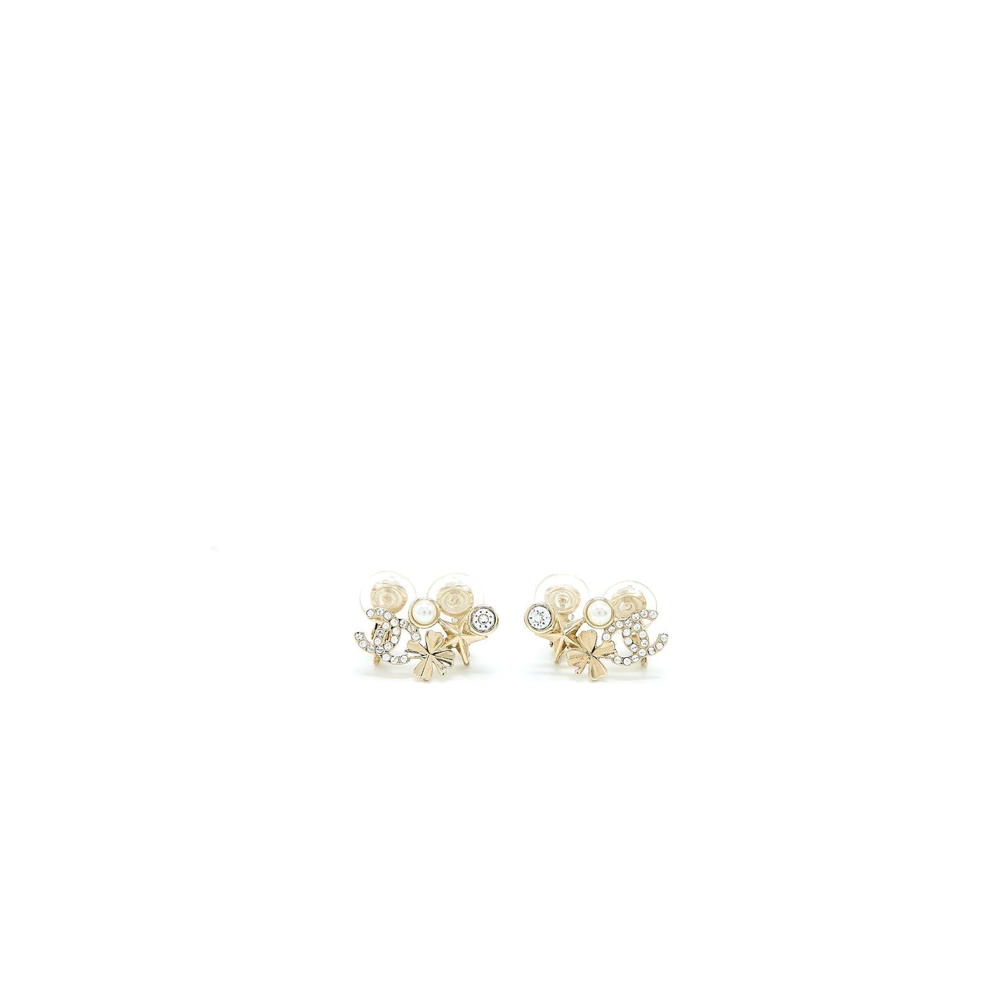 Chanel CC Logo Flower Ear Clip Crystal Gold Handbag