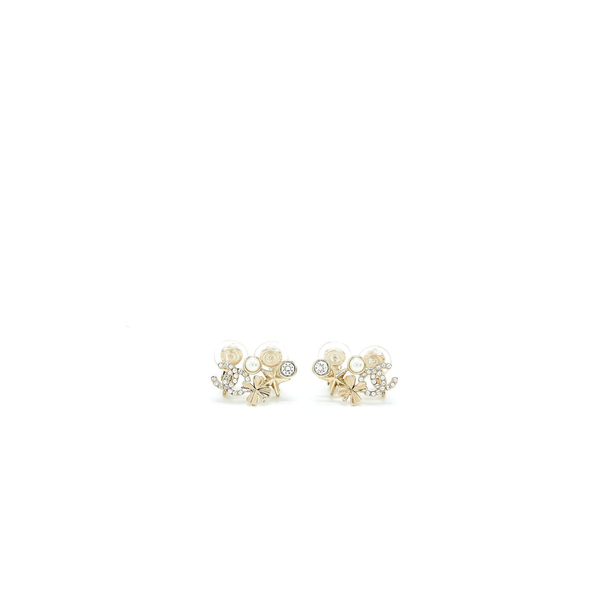 Chanel CC Logo Flower Ear Clip Crystal Gold Handbag