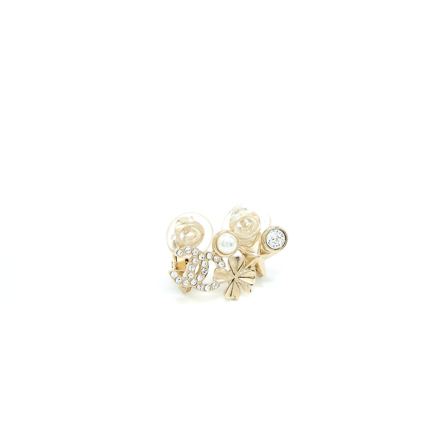 Chanel CC Logo Flower Ear Clip Crystal Gold Handbag