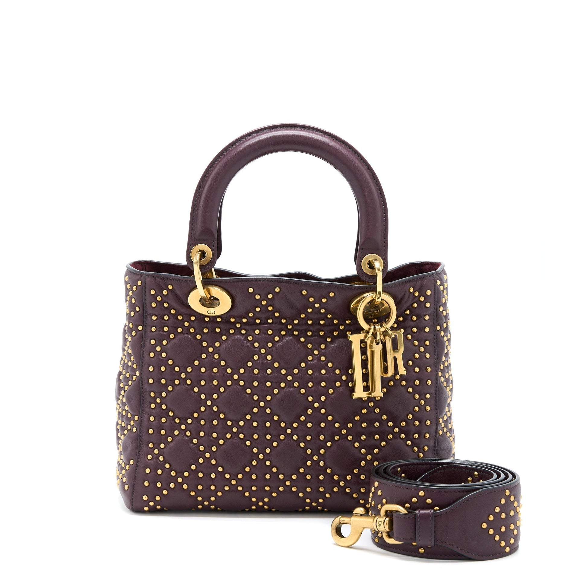 Dior Lady Rock Stud Calfskin Dark Handbag Red Medium Travel Bag