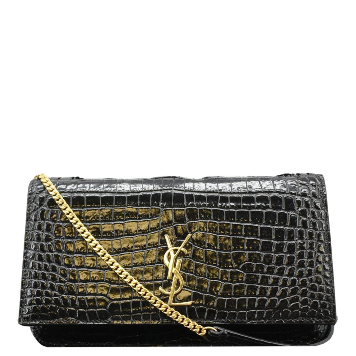 YSL Saint Laurent Yves Kate Crocodile Shoulder Bag Leather Monogram Black