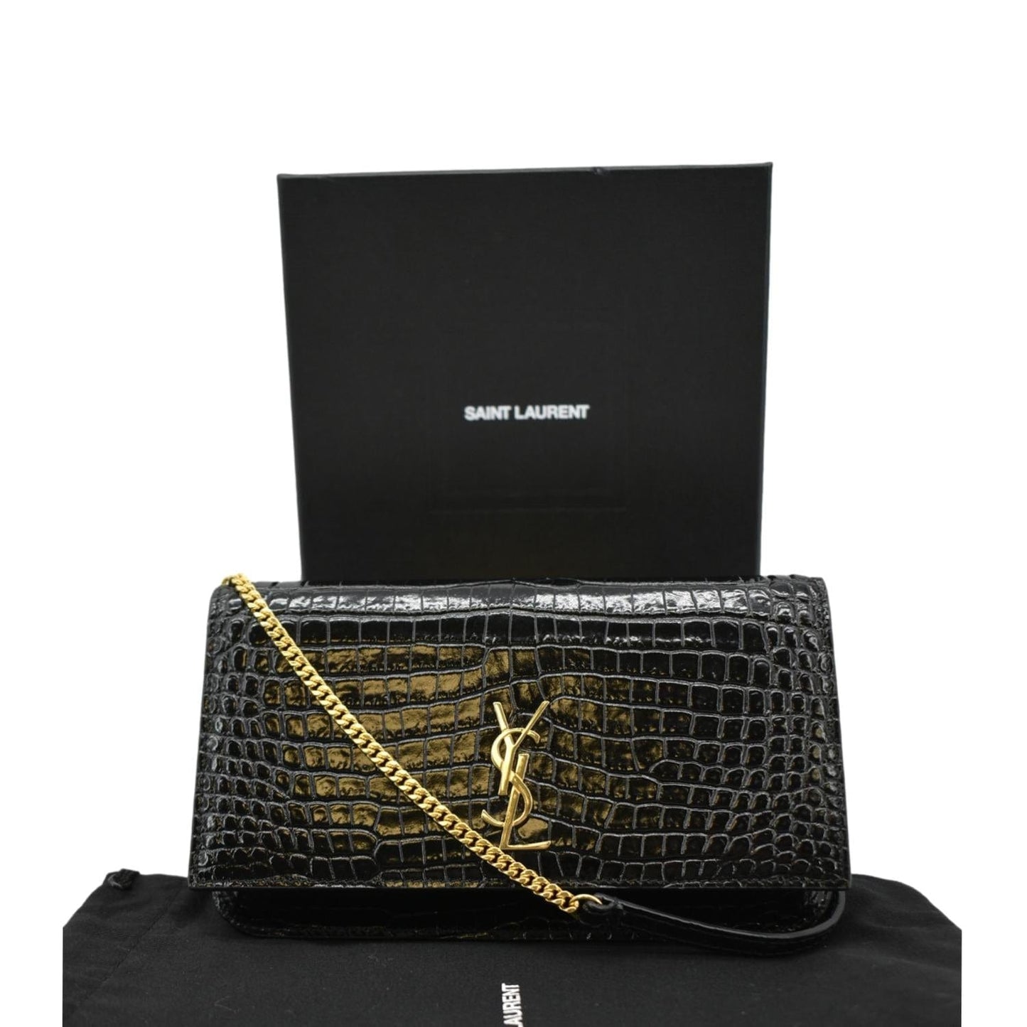 YSL Saint Laurent Yves Kate Crocodile Shoulder Bag Leather Monogram Black