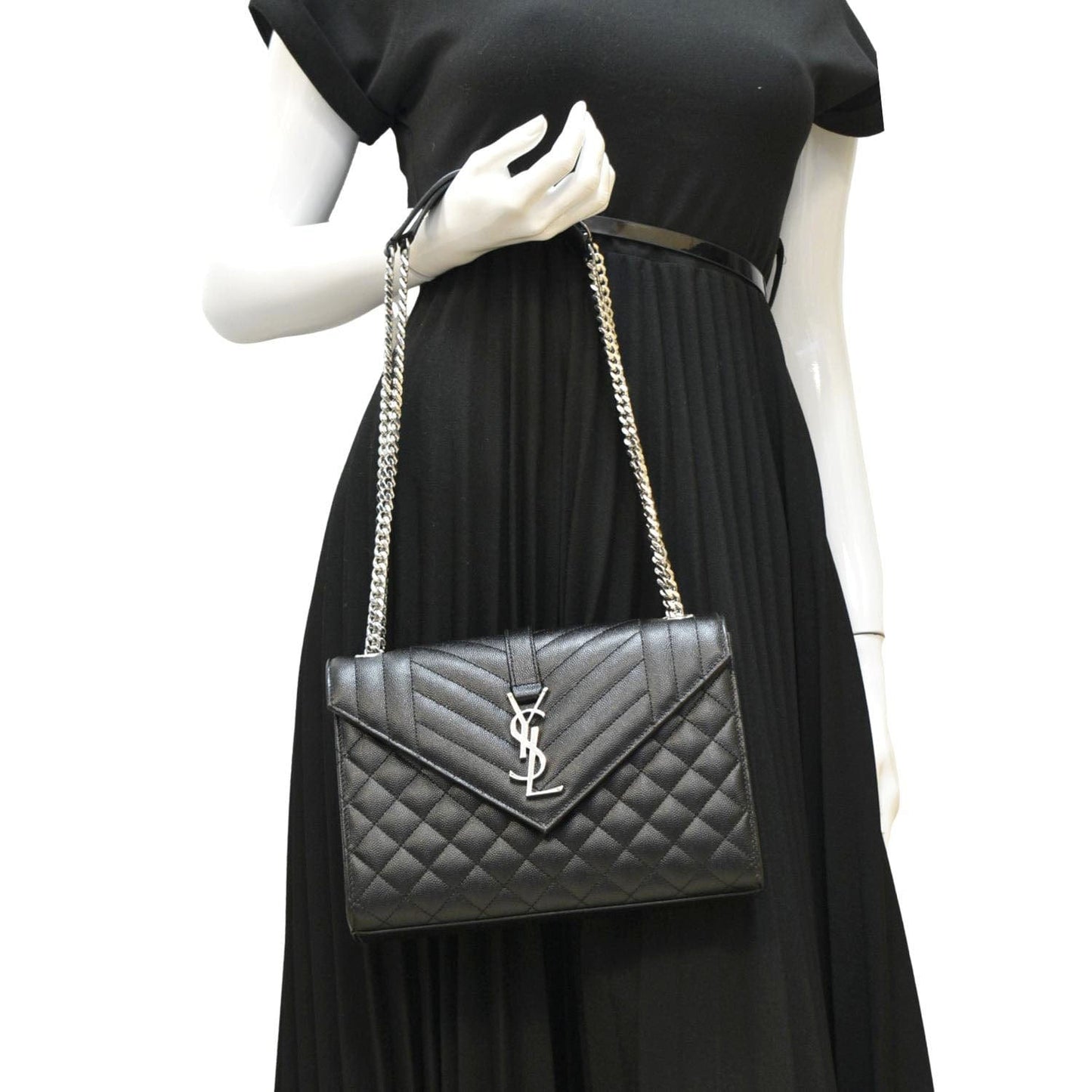 YSL Saint Laurent Yves Envelope Mix Matelass Shoulder Bag Leather Black Chain