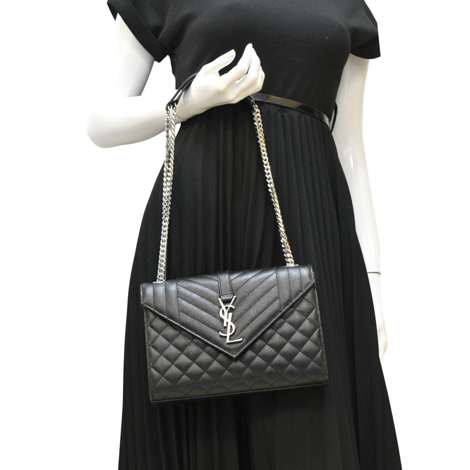 YSL Saint Laurent Yves Envelope Mix Matelass Shoulder Bag Leather Black Chain