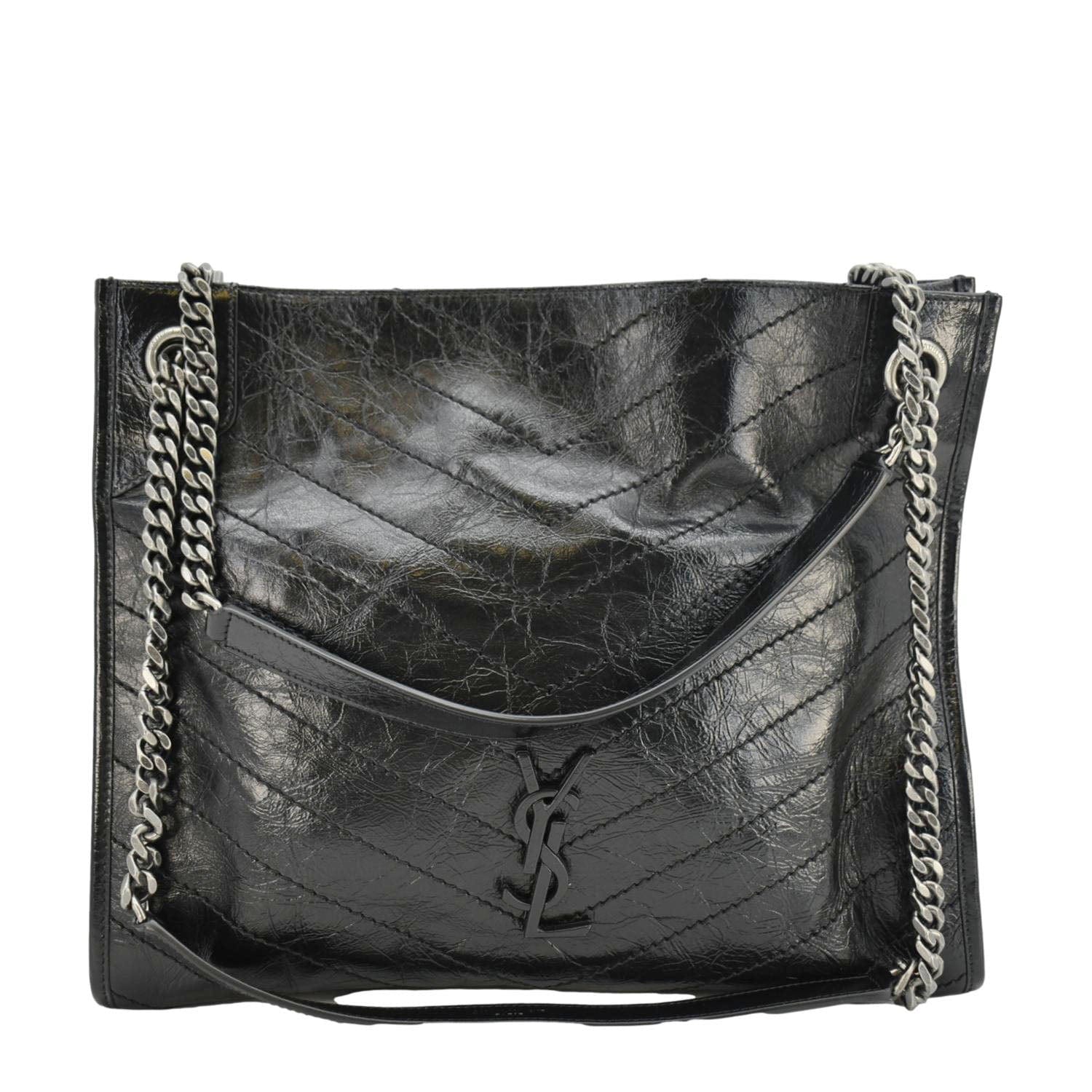 YSL Saint Laurent Yves Niki Crinkle Shopper Tote Bag Leather Black