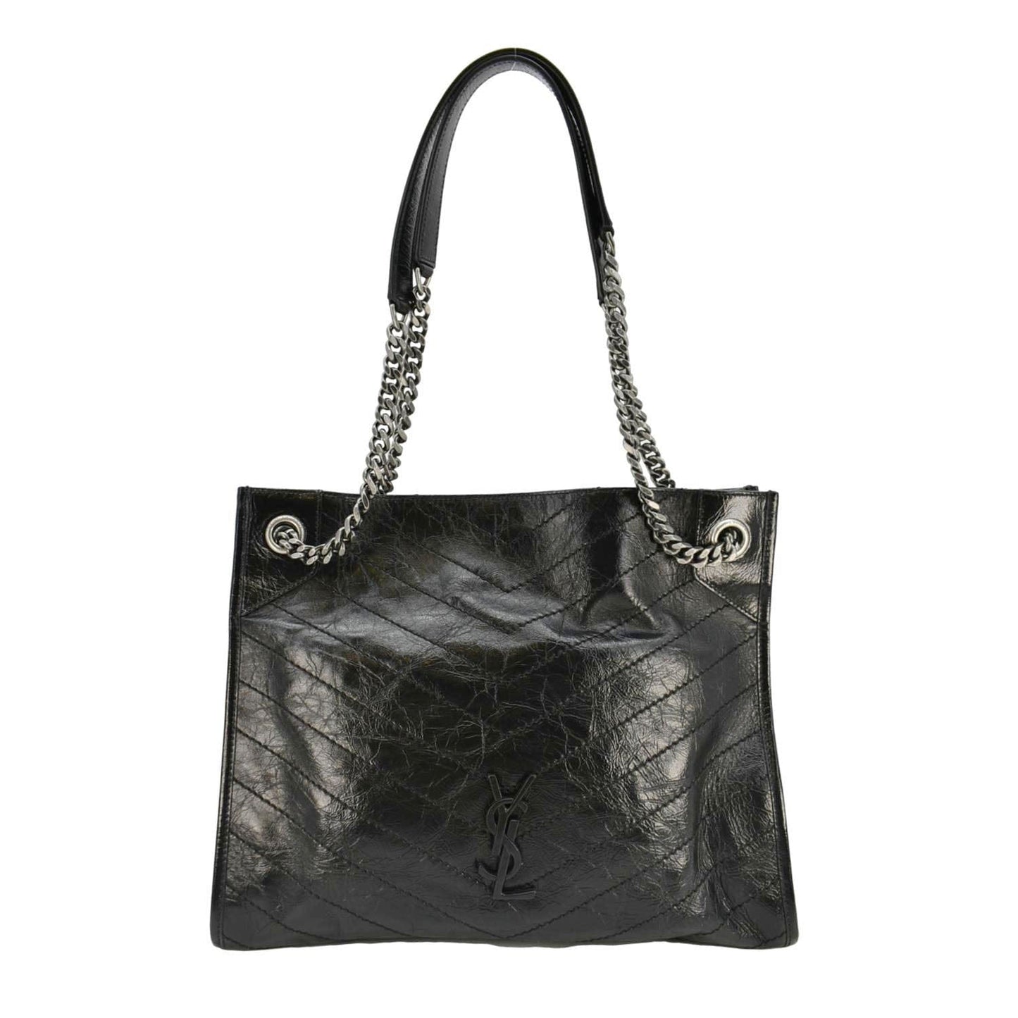 YSL Saint Laurent Yves Niki Crinkle Shopper Tote Bag Leather Black
