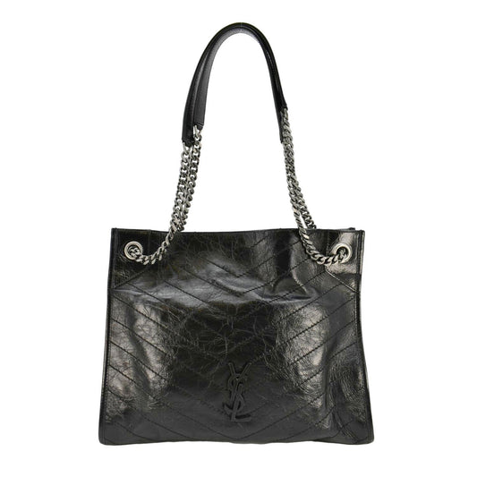 YSL Saint Laurent Yves Niki Crinkle Shopper Tote Bag Leather Black