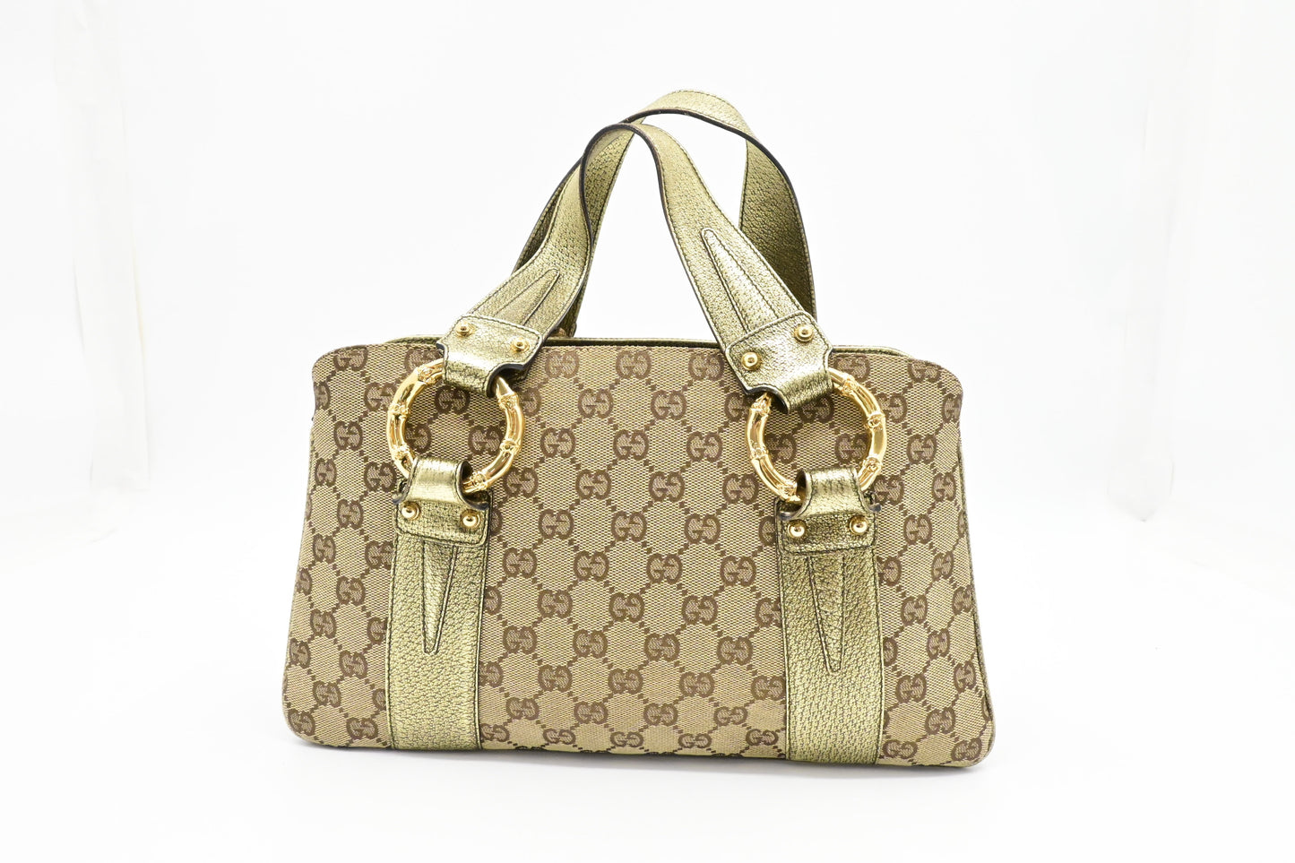 Gucci Green Leather Canvas Beige Travel Bag