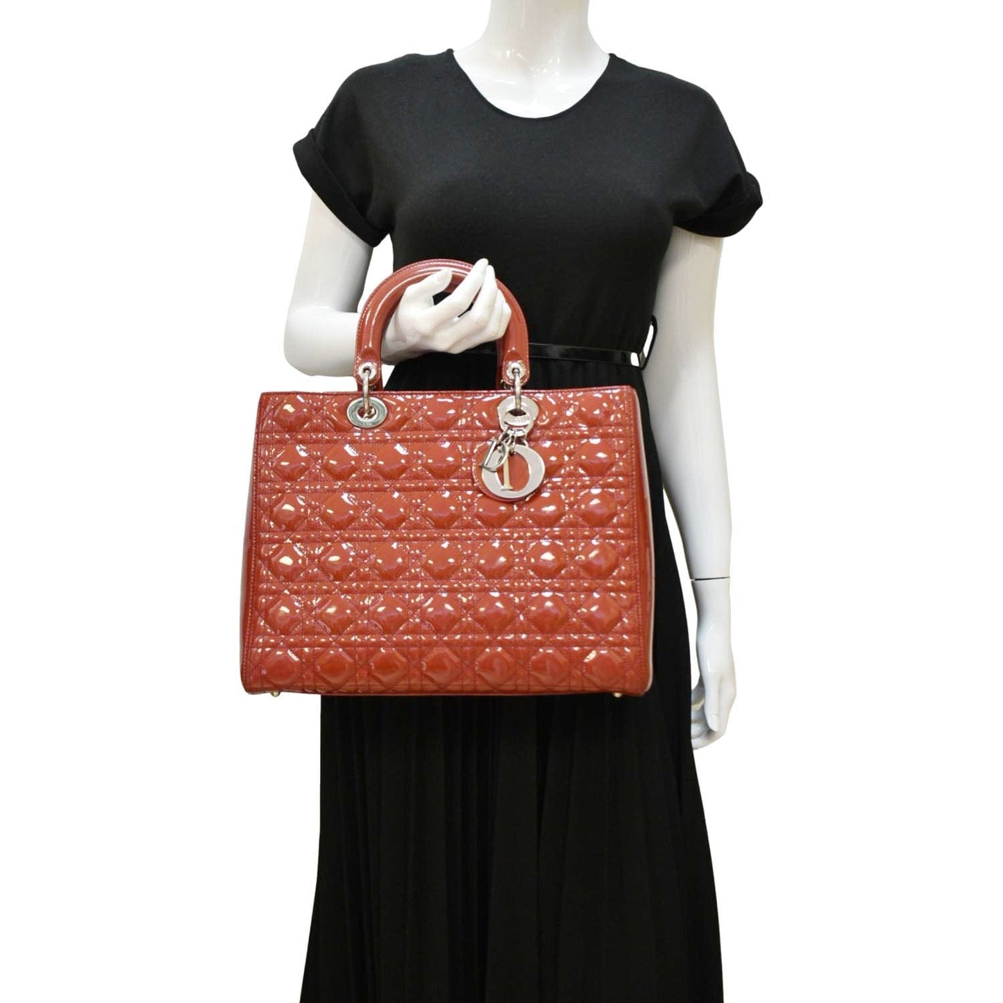 Dior Lady Large Patent Shoulder Bag Reddish Orange Leather Quilted