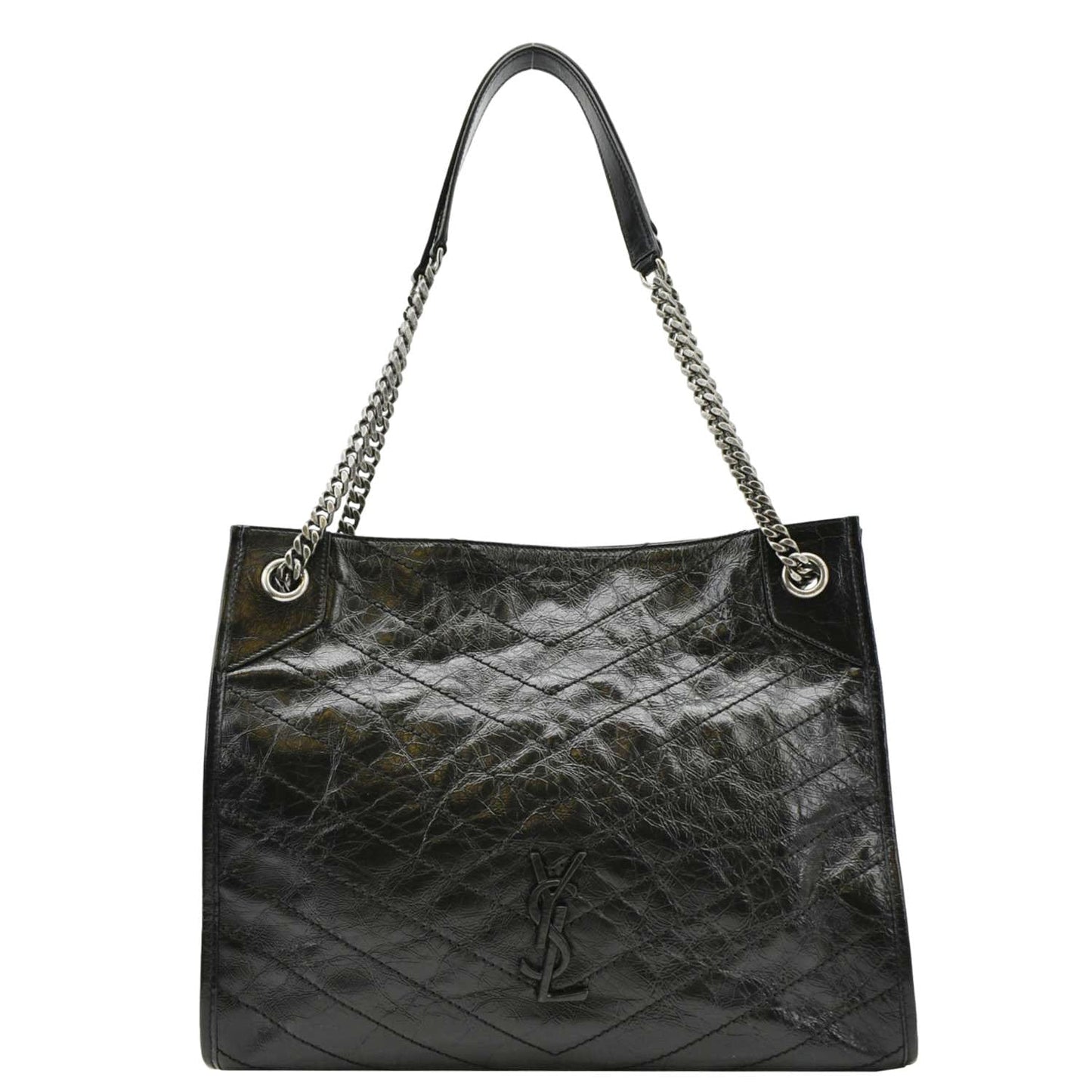 YSL Saint Laurent Yves Niki Crinkle Shoulder Bag Leather Black Medium