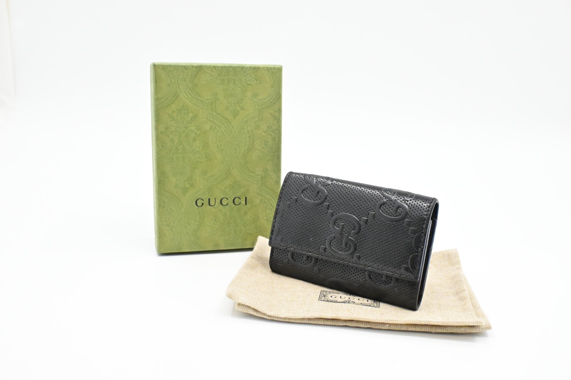 Gucci Key Case In Perforated Handbag Leather Black Travel Bag
