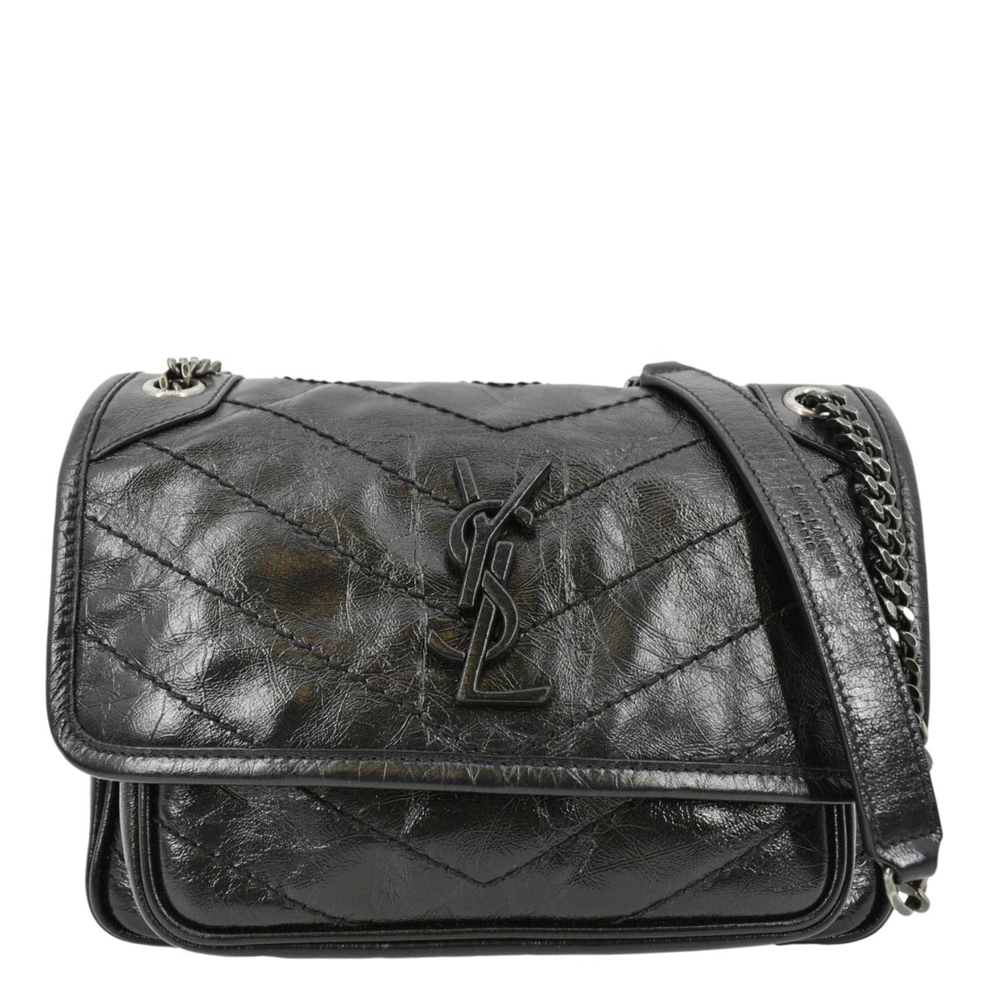 YSL Saint Laurent Saint Niki Baby Crinkle Shoulder Bag Leather Black