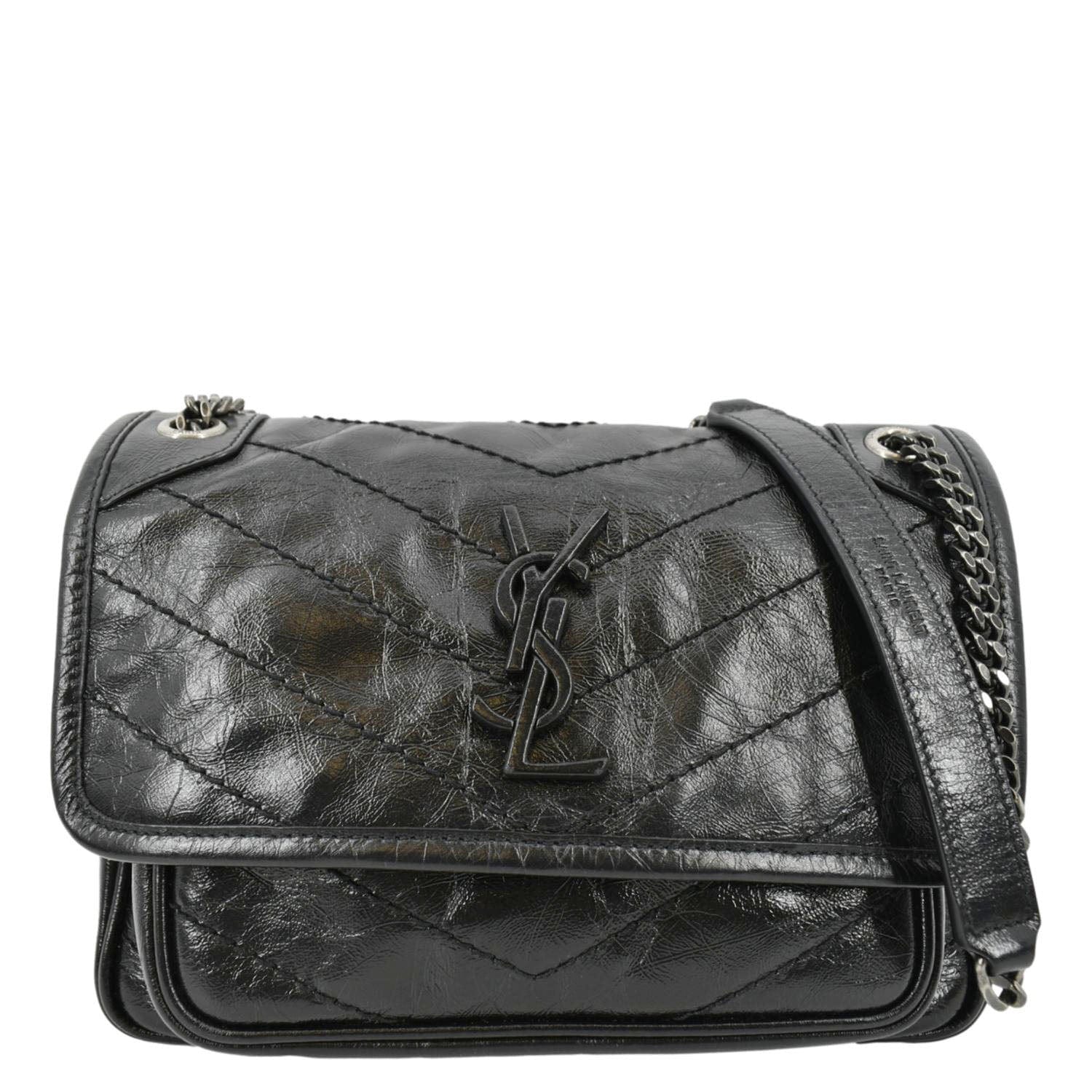 YSL Saint Laurent Saint Niki Baby Crinkle Shoulder Bag Leather Black