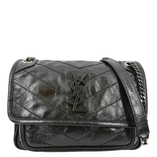 YSL Saint Laurent Saint Niki Baby Crinkle Shoulder Bag Leather Black
