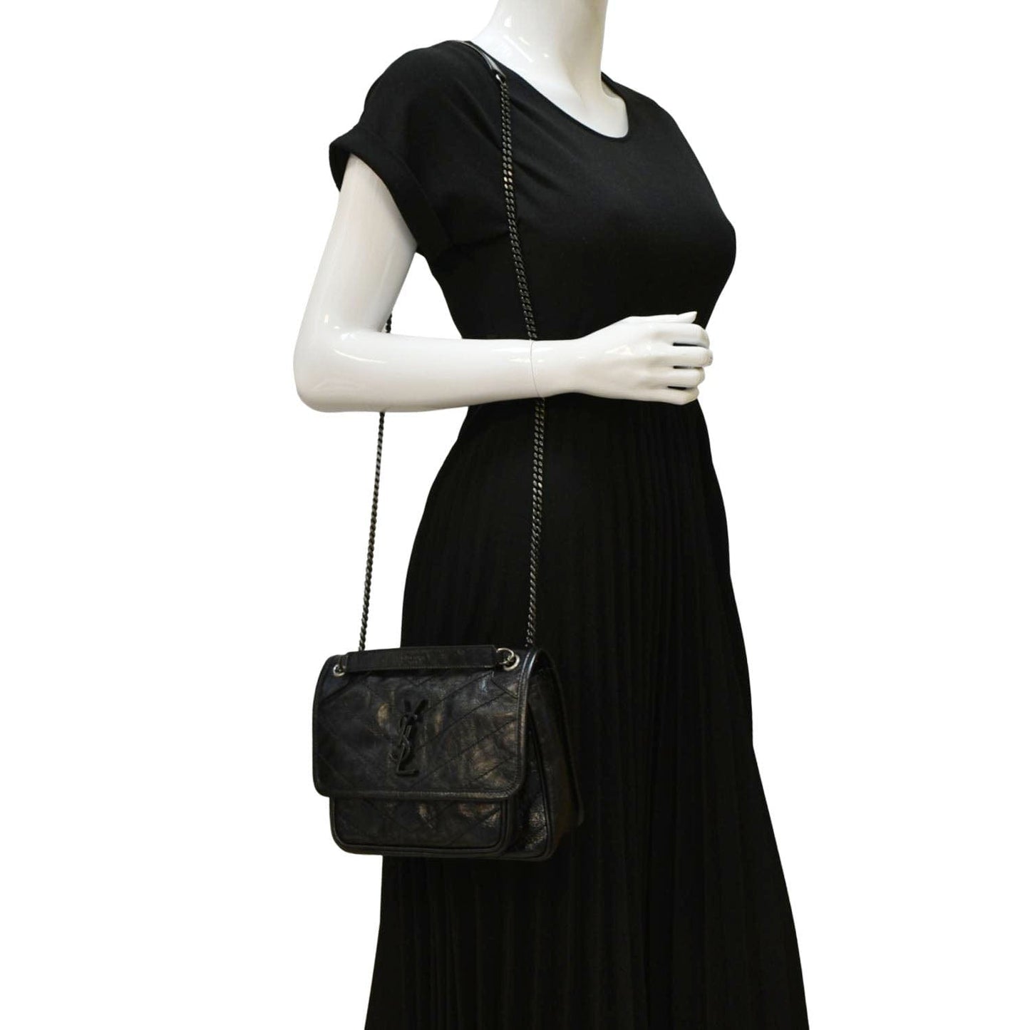 YSL Saint Laurent Yves Niki Crinkle Shoulder Bag Leather Black Baby Laurent Niki Baby