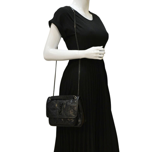 YSL Saint Laurent Yves Niki Crinkle Shoulder Bag Leather Black Baby Laurent Niki Baby