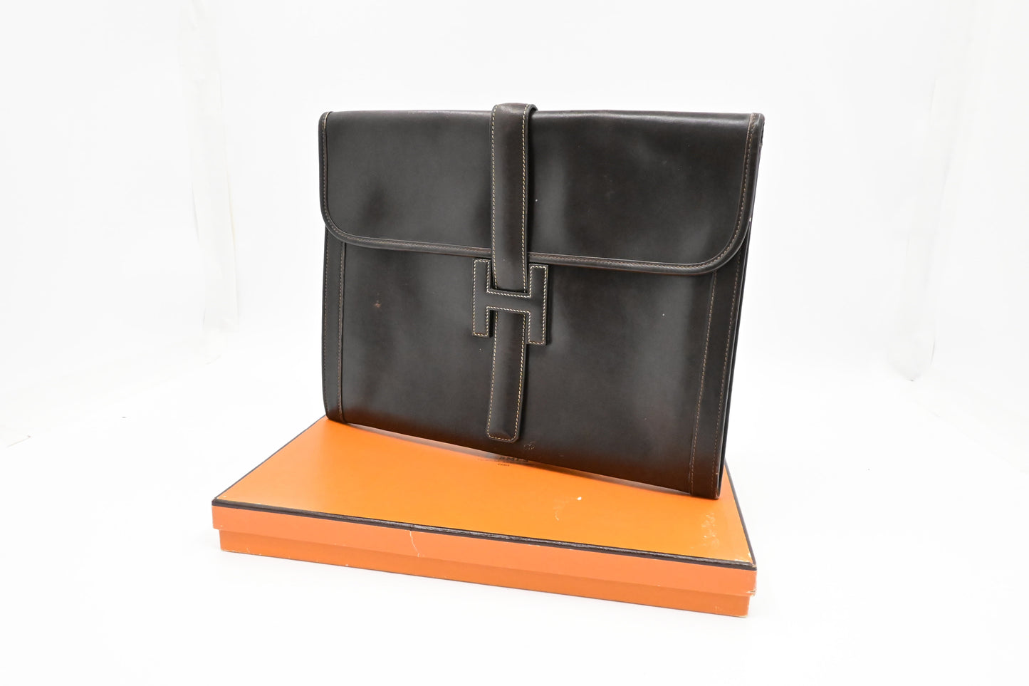 Hermes Jige Gm In Dark Box Calf Handbag Leather Brown Travel Bag