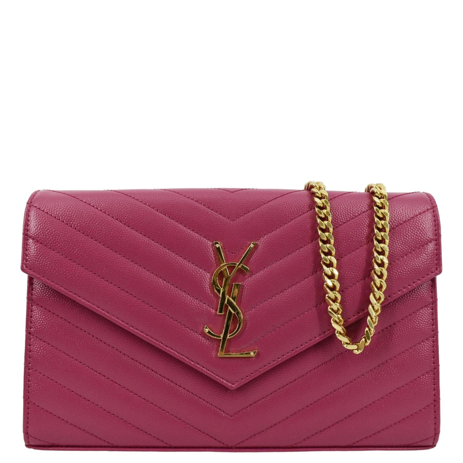 YSL Saint Laurent Saint Cassandre Wallet Crossbody Bag Fuchsia Matelasse Chain