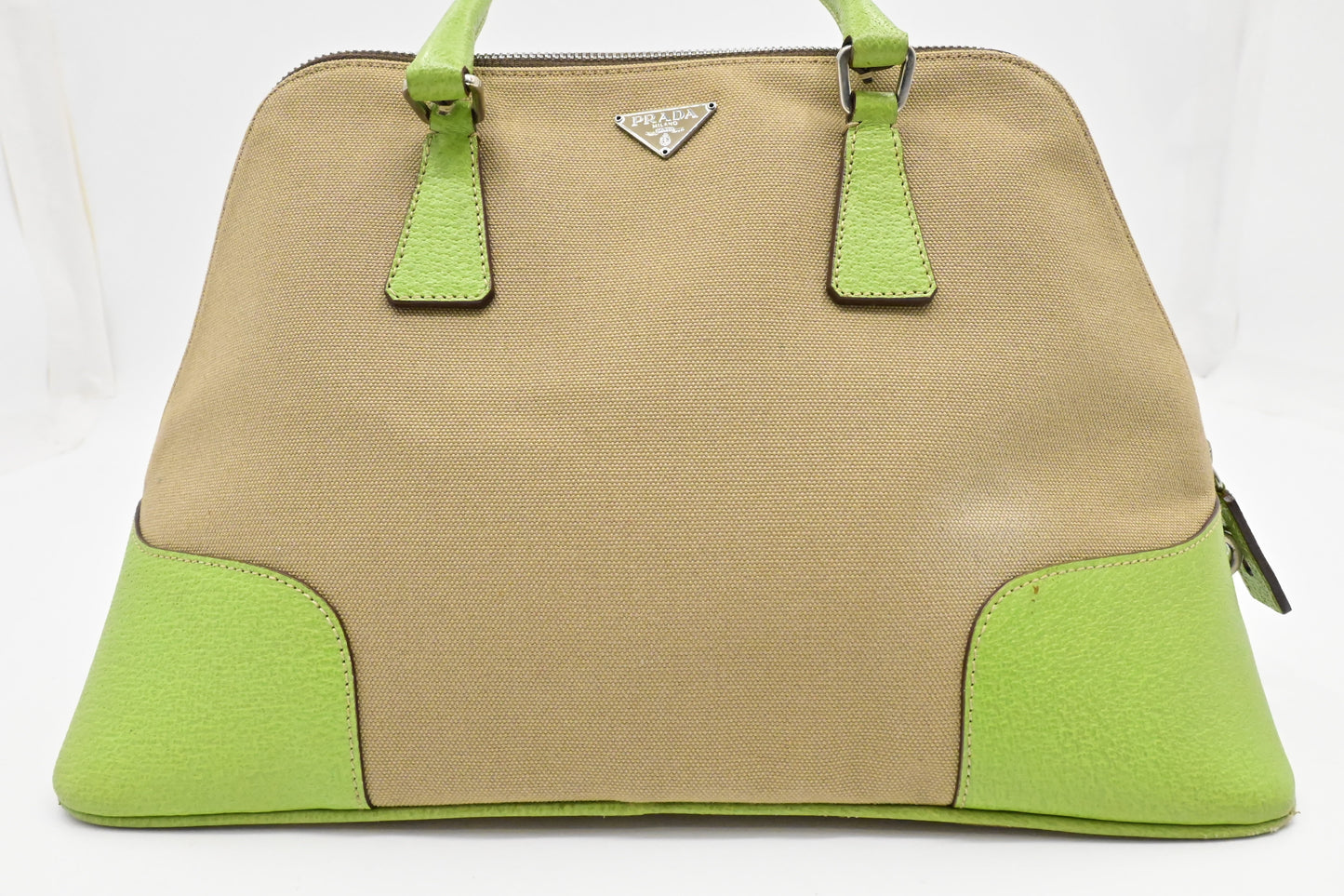 Prada Bowling Bag In & Green Leather Canvas Travel Bag