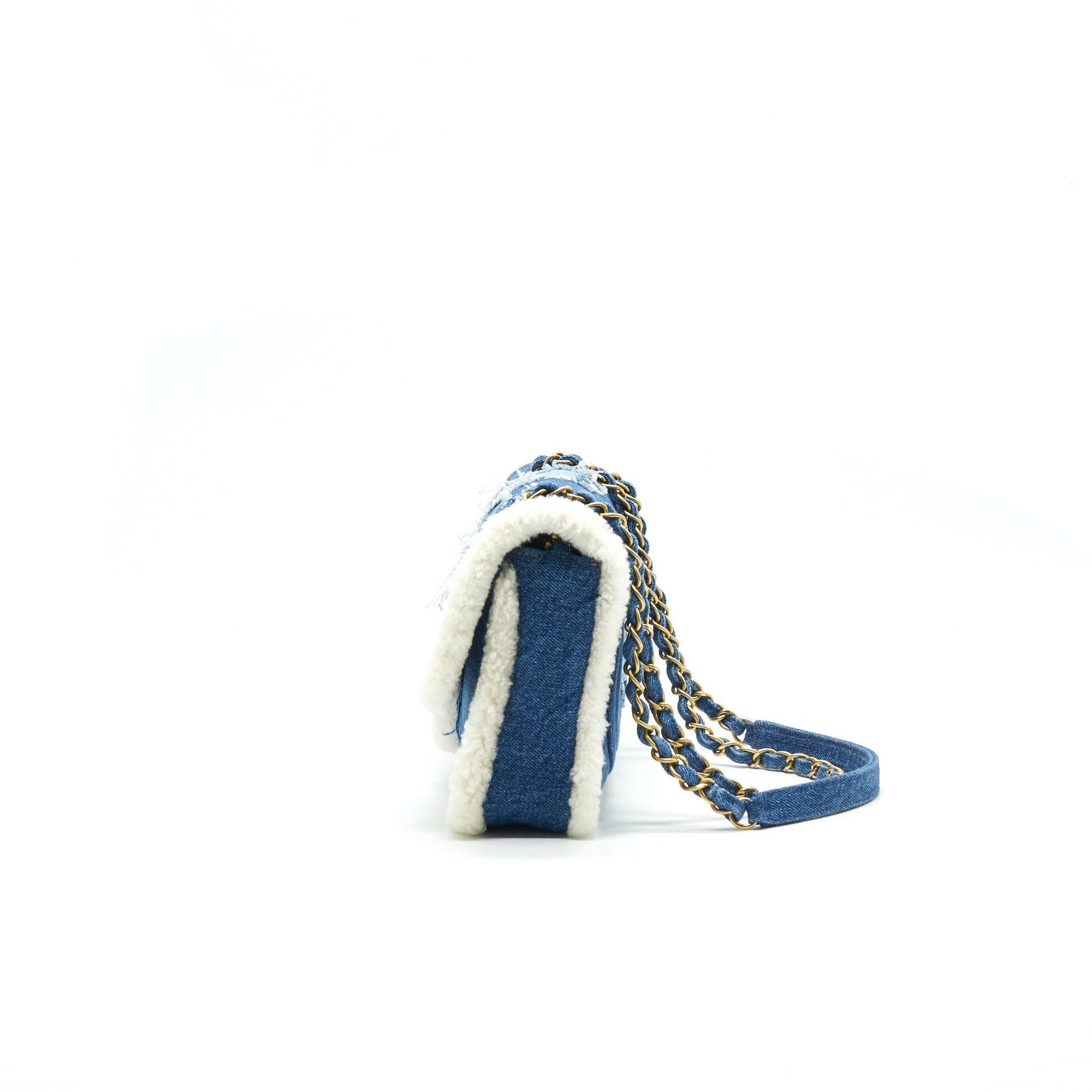 Chanel Denim Shearling Hieroglyph Flap Blue Handbag