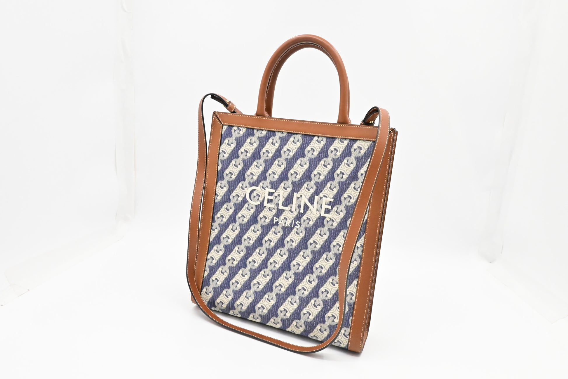 Celine Vertical Cabas In Blue And Brown Handbag Leather Canvas Travel Bag