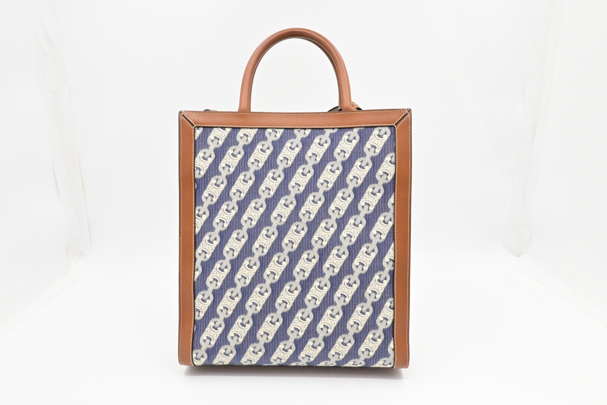 Celine Vertical Cabas In Blue And Brown Handbag Leather Canvas Travel Bag