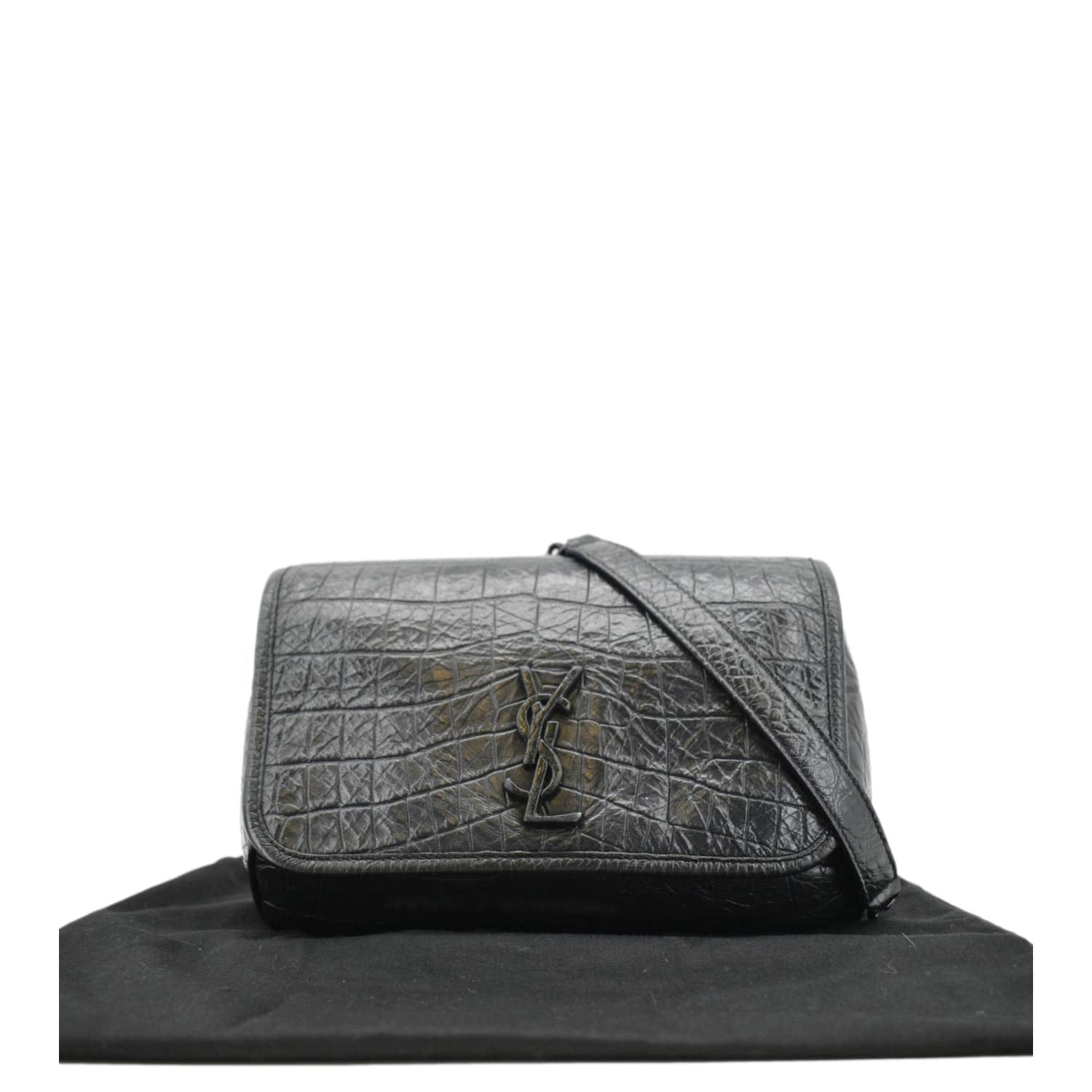 YSL Saint Laurent Niki Crocodile Shoulder Bag Leather Black Baby