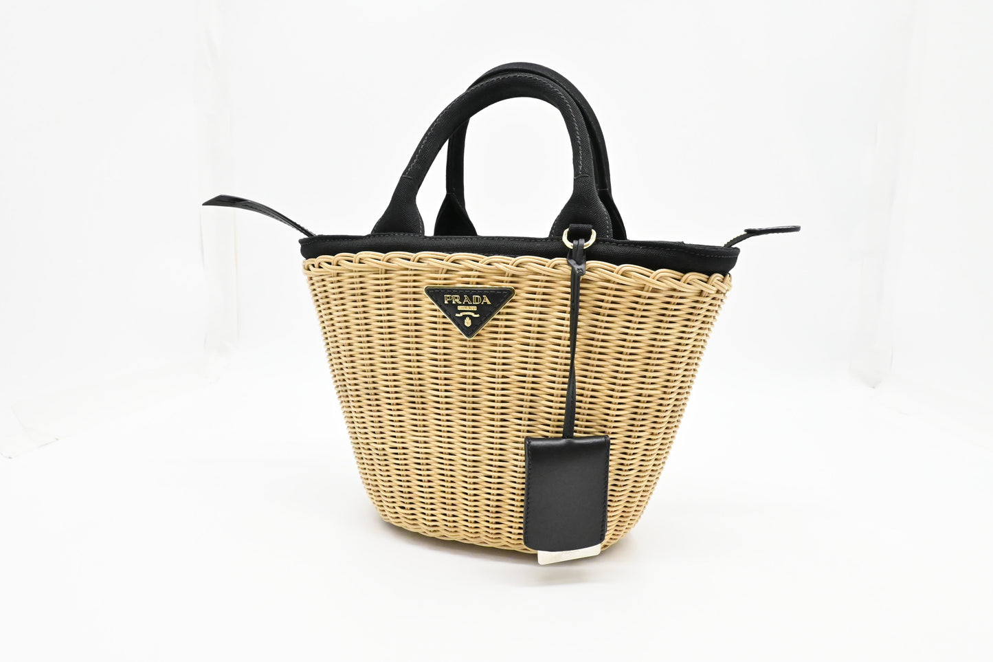 Prada Wicker Basket Bag In Canvas Black Travel Bag