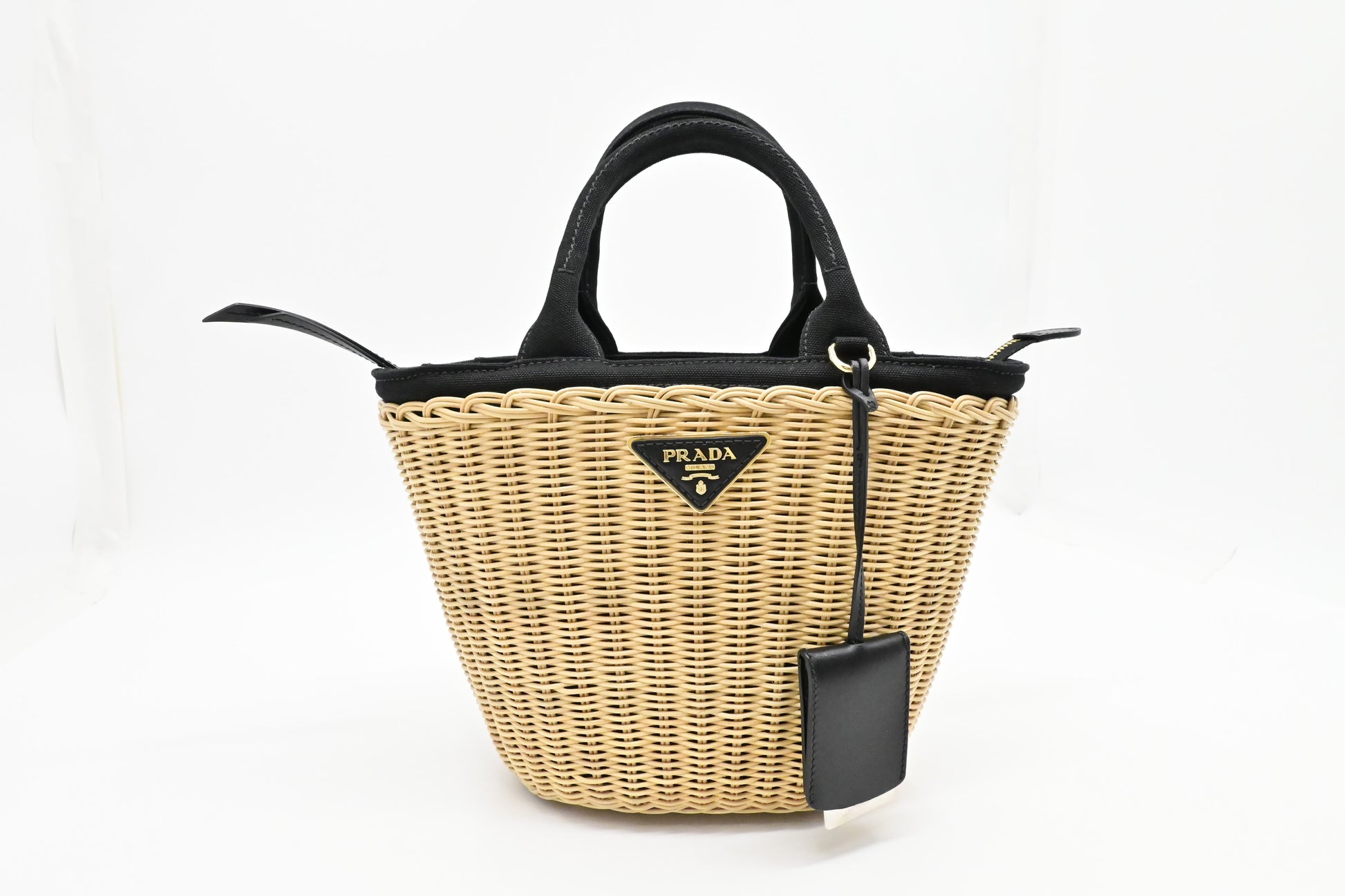 Prada Wicker Basket Bag In Canvas Black Travel Bag