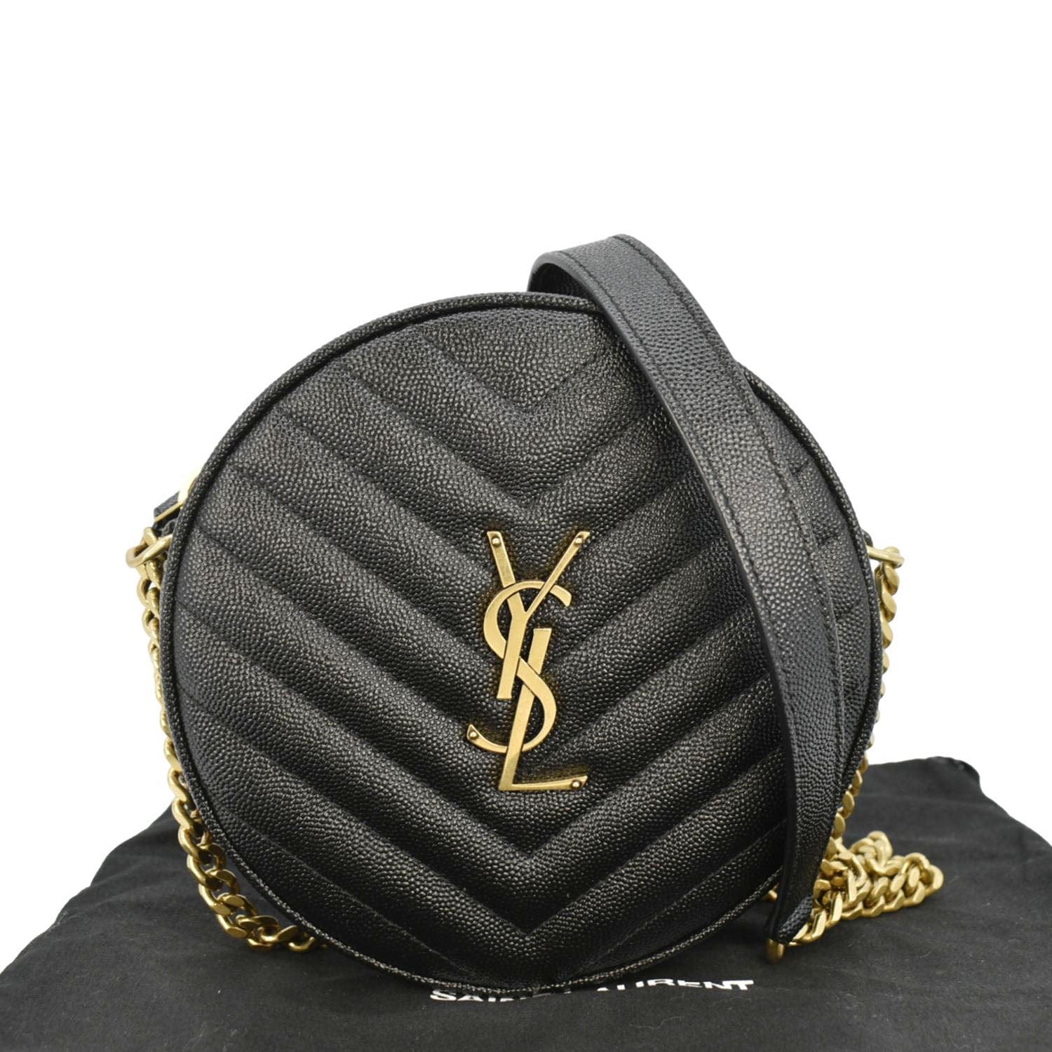 YSL Saint Laurent Yves Vinyle Round Chevron Camera Crossbody Bag Leather Black
