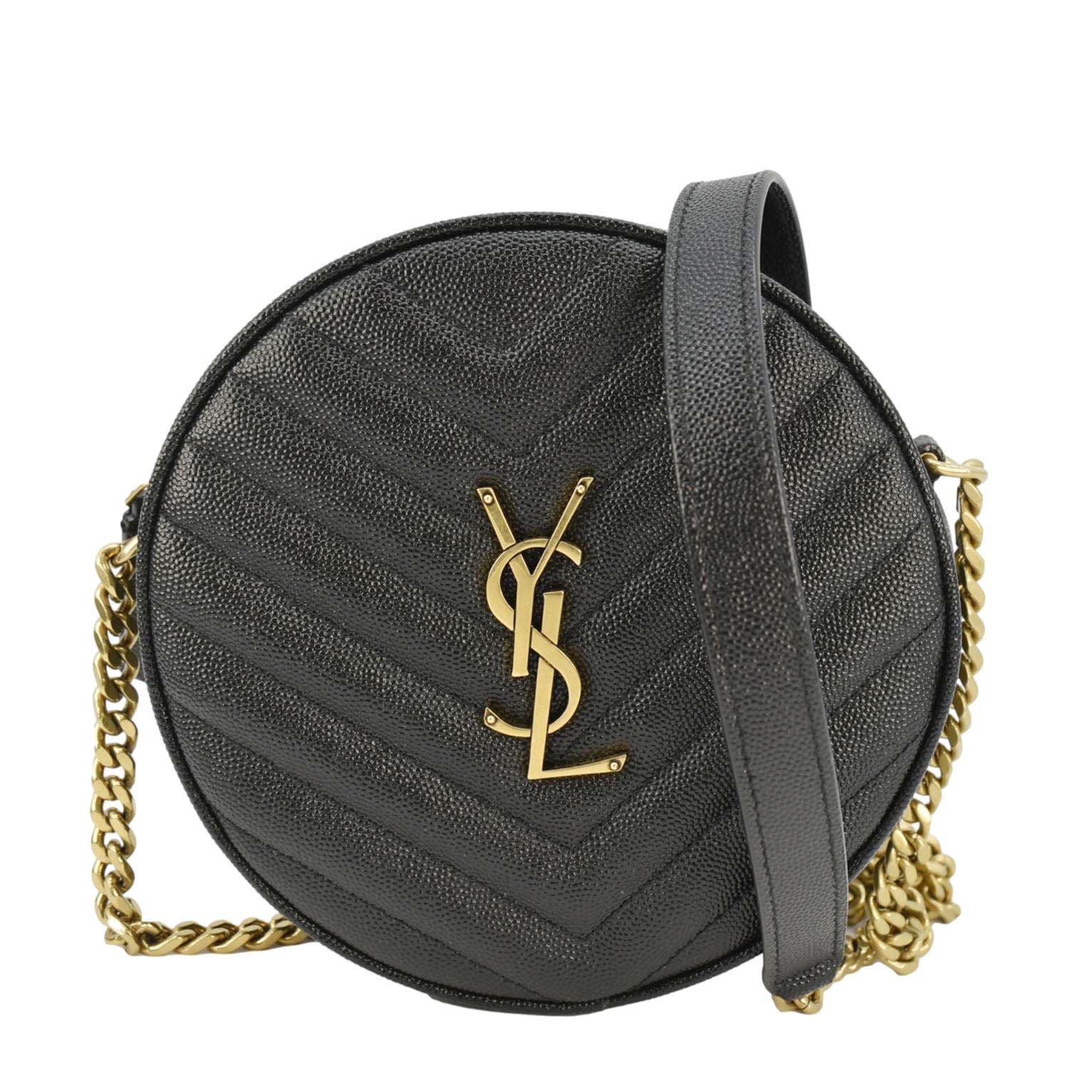 YSL Saint Laurent Yves Vinyle Round Chevron Camera Crossbody Bag Leather Black