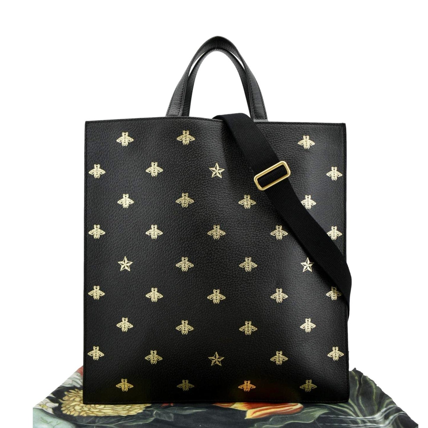 Gucci Bee Star Grained Calfskin Vertical Tote Leather Black Tote Bag