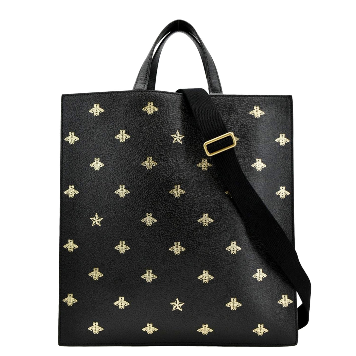Gucci Bee Star Grained Calfskin Vertical Tote Leather Black Tote Bag