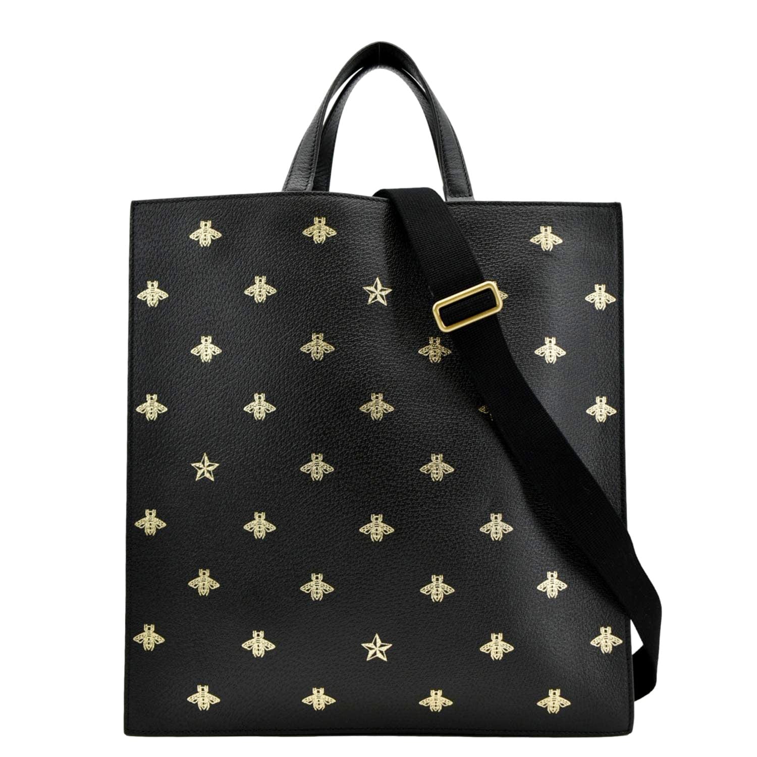 Gucci Bee Star Grained Calfskin Vertical Tote Leather Black Tote Bag