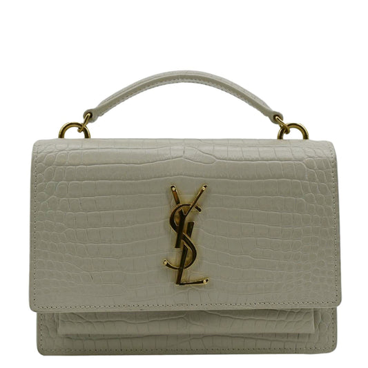 YSL Saint Laurent Saint Sunset Crocodile Embossed Crossbody Bag Ivory Leather